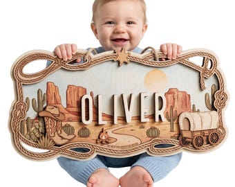 Custom Western Nursery Name Sign | Cowboy Baby Boy Room Decor | 3D Wooden Desert Wall Art | Rustic Country Decor | Wild West Baby Gift