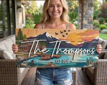 Custom Mountain Lake House Sign, Personalized Log Cabin Decor, Rustic Family Name Wood Sign, Sunset Wall Art, Wedding Gift for Couples