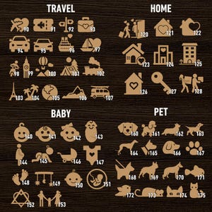 May include: A brown wooden board with 175 different icons, each numbered. The icons are organized into five categories: Travel, Home, Baby, Pet, and Family. The icons are all in a simple, minimalist style.