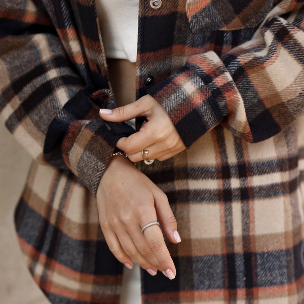 Women's Shirt Jacket Dark Blue Geometric Plaid Flannel Button Down Shirt with Pocket Coat Tops Warm Shirt, Plaid Shirt, Cowboy Shirt Casual