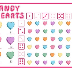 May include: A printable game board with the title "Candy Hearts". The board features a grid of colorful heart-shaped candies with corresponding dollar amounts. There are also dice with different numbers of dots.