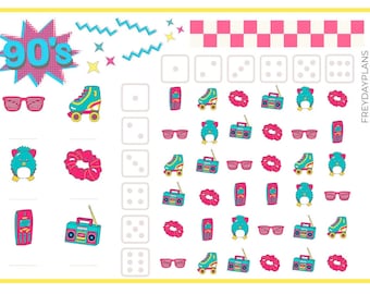 May include: A printable 90's themed game with a white background and colorful images of roller skates, boomboxes, scrunchies, cell phones, sunglasses, and penguins. The game includes a grid of dice with dots and a list of items to count.