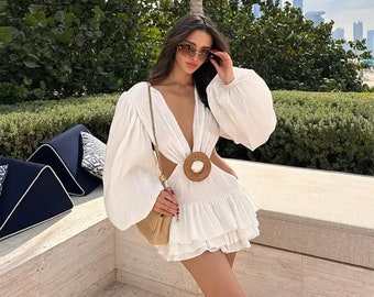 Spring New Product Women's Retro Deep V-neck Slim Fit Long sleeved Hollow Waist Puffy Short Dress