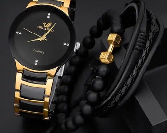 Reloj de cuarzo con banda de acero personalizado para hombre, moda de 3 piezas, con juego de pulsera