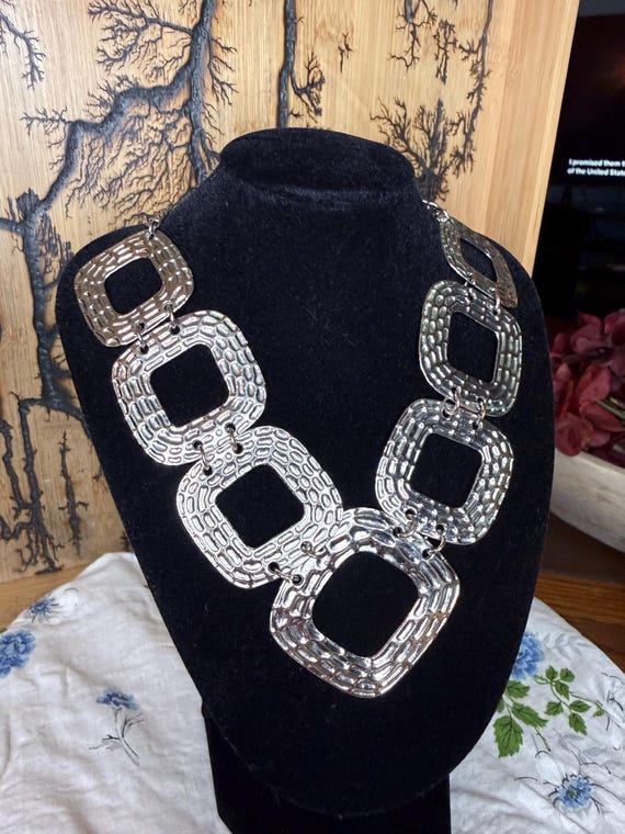 Large Silver Geometric Statement Necklace – Textu… - image 4