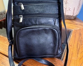 Black Genuine Leather Crossbody Organizer Bag Multi Pocket Travel Purse