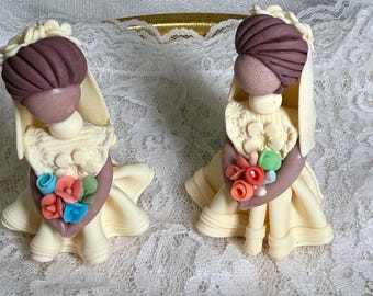 Handmade Polymer Clay Bride Figurines Set of 2 | Wedding Keepsake Decor | Bridal Shower Gift | Folk Art Miniatures