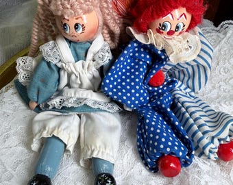 Handmade Folk Art Doll Pair | Wooden Prairie Girl & Clown Shelf Sitters | Vintage Country Cottage Decor