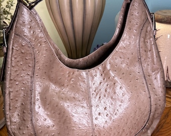 Antonio Melani Taupe Ostrich Embossed Hobo Shoulder Bag Large Slouch Handbag