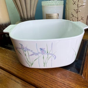Vintage CorningWare Floral Casserole Dish – Purple Iris Pattern – Oven Safe Baking Dish – Cottagecore Kitchen