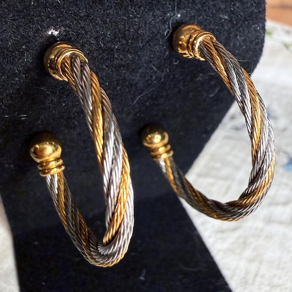 Vintage Two-Tone Twisted Cable Hoop Earrings | Gold Silver Rope Statement Jewelry