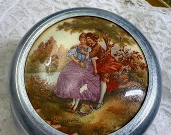 Vintage Pewter Tone Trinket Box Romantic Courting Couple Lid Decorative Keepsake Box, powder box
