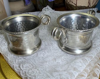 Vintage Hammered Pewter Creamer and Sugar Bowl Set with Scroll Handles | Rustic Farmhouse Table Decor