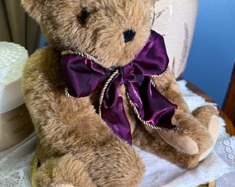 Vintage Vermont Teddy Bear Company Teddy Bear with Burgundy Satin Bow | Collectible Plush Bear