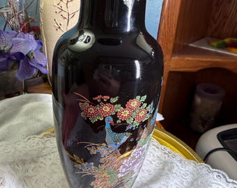 Vintage Japanese Black Peacock Vase | Otagiri Style Floral Bird Vase | Gold Gilt Oriental Decor | Made in Japan