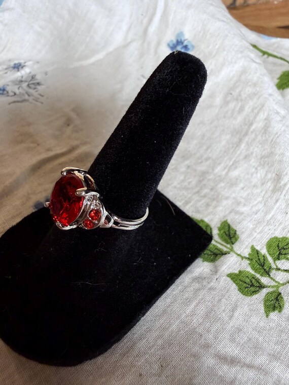 Vintage Ruby Red Adjustable Cocktail Ring Silver … - image 4