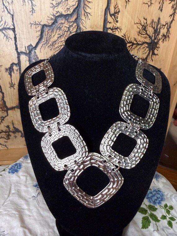 Large Silver Geometric Statement Necklace – Textu… - image 3