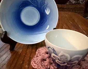 Bing & Grøndahl Blue Flower Teacup and Saucer - Hand-Painted Porcelain, 1930s