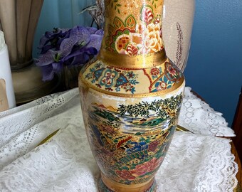 Vintage Japanese Satsuma Style Vase | Hand Painted Peacock & Floral Scene | Gold Gilt Moriage Vase | 10 Inch Ceramic Vase