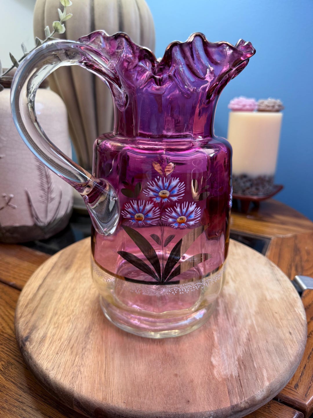Vintage Amethyst Glass Pitcher | Hand-painted Floral Vase, 9