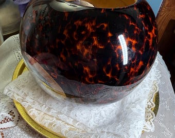 Vintage Tortoiseshell Art Glass Vase Amber Brown Black Decorative Bowl Large Modern Centerpiece Made in China