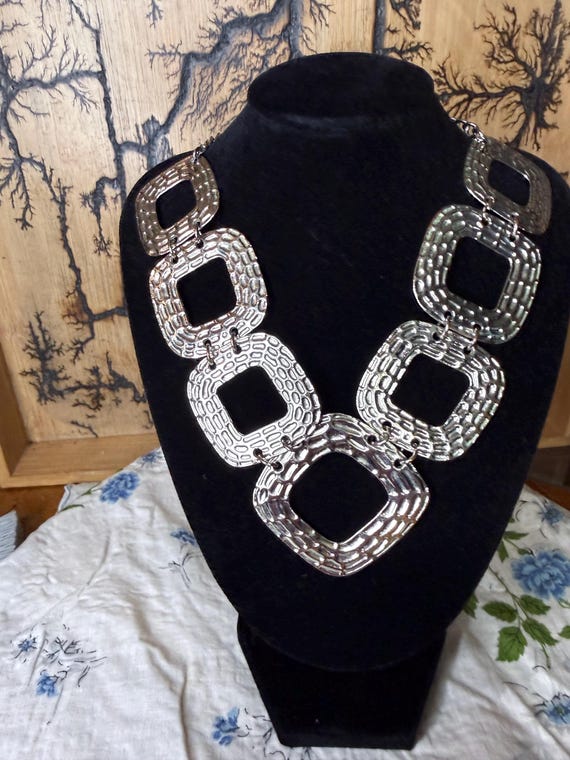 Large Silver Geometric Statement Necklace – Textu… - image 1