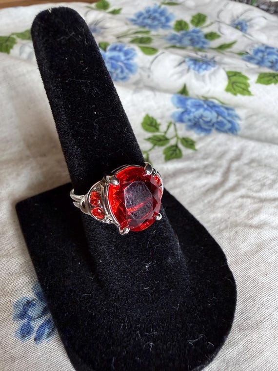 Vintage Ruby Red Adjustable Cocktail Ring Silver … - image 5