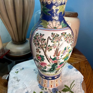 Vintage Hand-Painted Chinese Vase – Macau Porcelain Floral & Bird Motif – Large Cobalt Blue Statement Vase