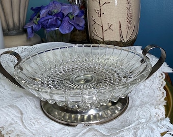 Vintage Pressed Glass Serving Bowl with Hammered Silverplate Handles | Art Deco Style Centerpiece Bowl | Elegant Relish Candy Dish
