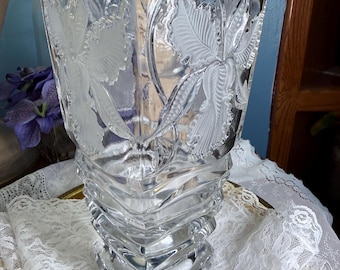 Vintage Irena Lead Crystal Vase Made in Poland 24% Lead Oxide Frosted Orchid Floral Heavy Crystal Vase