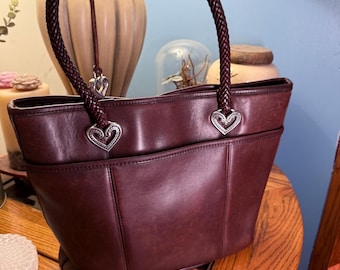 Brighton Brown Leather Tote Bag Braided Handles Heart Hardware Purse