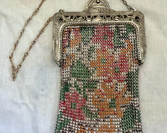 Antique Whiting & Davis Mesh Purse – 1920s Floral Enamel Evening Bag