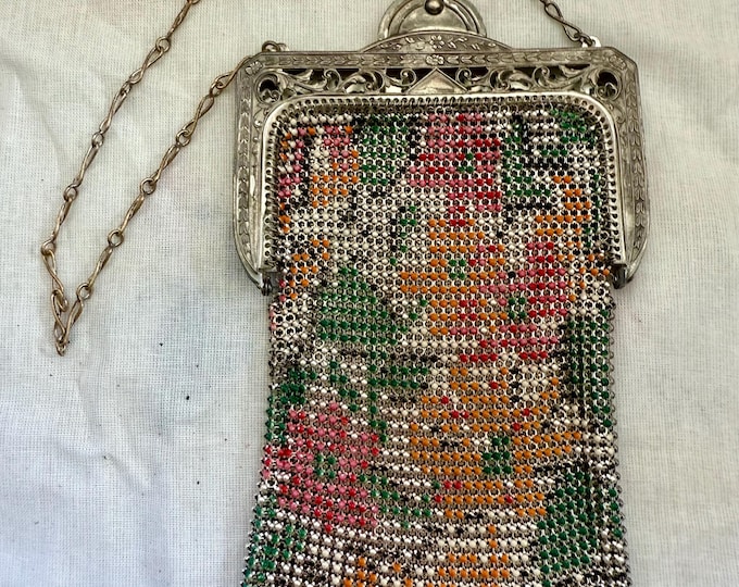 Antique Whiting & Davis Mesh Purse – 1920s Floral Enamel Evening Bag