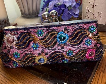 Vintage Far Nine Beaded Clutch Purse Pink Floral Jeweled Evening Bag