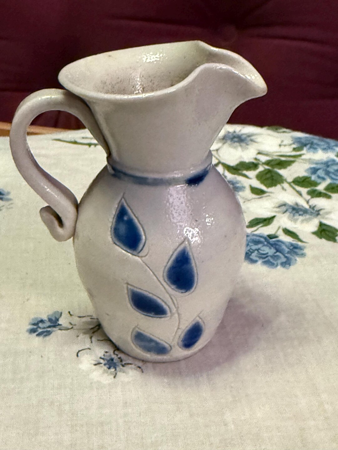 Mini Studio Pottery Pitcher Vase – Hand Thrown Cream Ceramic Blue Leaf ...