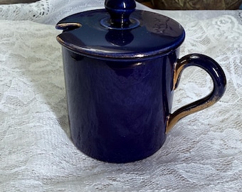 Vintage Cobalt Blue German Pottery Lidded Jam Pot | Deep Blue Stoneware Condiment Jar with Gold Accents