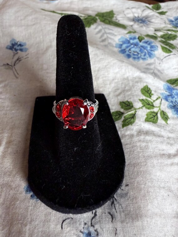 Vintage Ruby Red Adjustable Cocktail Ring Silver … - image 8