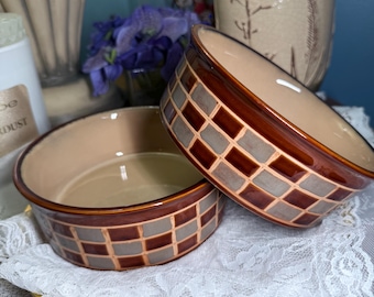 Vintage Stoneware Casserole Bowl Set of 2 | Brown Gray Geometric Pottery | Mid Century Kitchen Decor | Farmhouse Serving Bowls