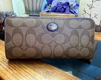 Coach Signature Zip Around Wallet Brown Monogram Purple Interior