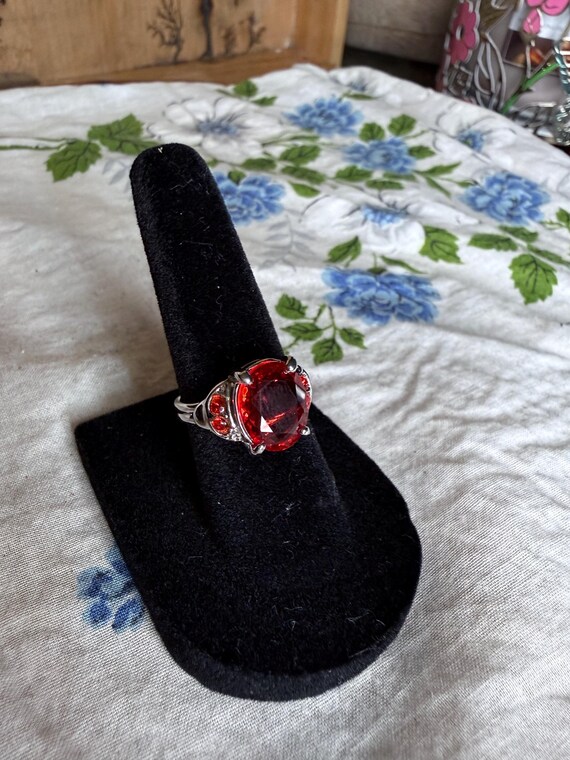 Vintage Ruby Red Adjustable Cocktail Ring Silver … - image 2