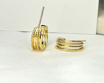 18k gold multi row huggie hoop earrings chunky gold cable huggies wide gold hoops thick gold c hoop earring minimalist stacking earring gift