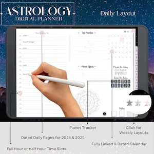 Planejador digital de astrologia 2024/2025, rastreador de trânsito planetário, alinhamentos mensais dos planetas, rastreador de efeitos planetários, aprendizado de mapas astrais e muito mais.