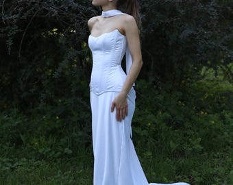 Two Piece Wedding Dress with Satin Corset, Long Skirt with Train and Scarf | Custom Modern Bridal Set | Elopement or Civil Ceremony Look