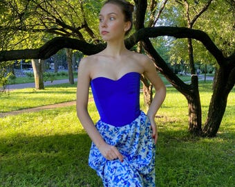 Blue Corset Dress Set: Strapless Top and Satin Floral Skirt