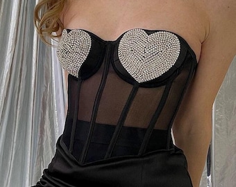 Corsé de malla negra con copas de corazón de diamantes de imitación, hecho a medida