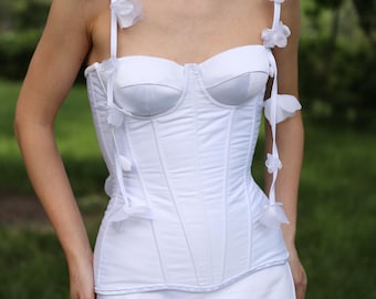 Short Wedding Dress Two Piece Set | Bridal Corset Top with Floral Straps and Satin Mini Skirt | Second Look Reception Dress | Wedding outfit