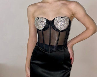 Corsé de malla negra con corazón de diamantes de imitación - Glamour a medida