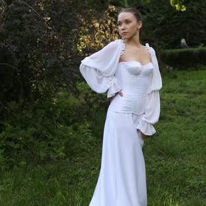 Two Piece Wedding Dress Set | Satin Bridal Corset with Removable Sleeves and Long Skirt with Train | Custom Made Modern Bridal Look