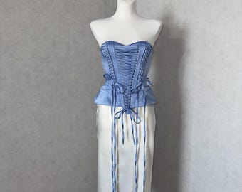 Blue Satin Overbust Corset - Handmade with Ribbon Straps
