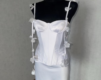 Two-Piece Bridal Dress: Satin Corset with Floral Straps and Mini Skirt (Custom Fit)